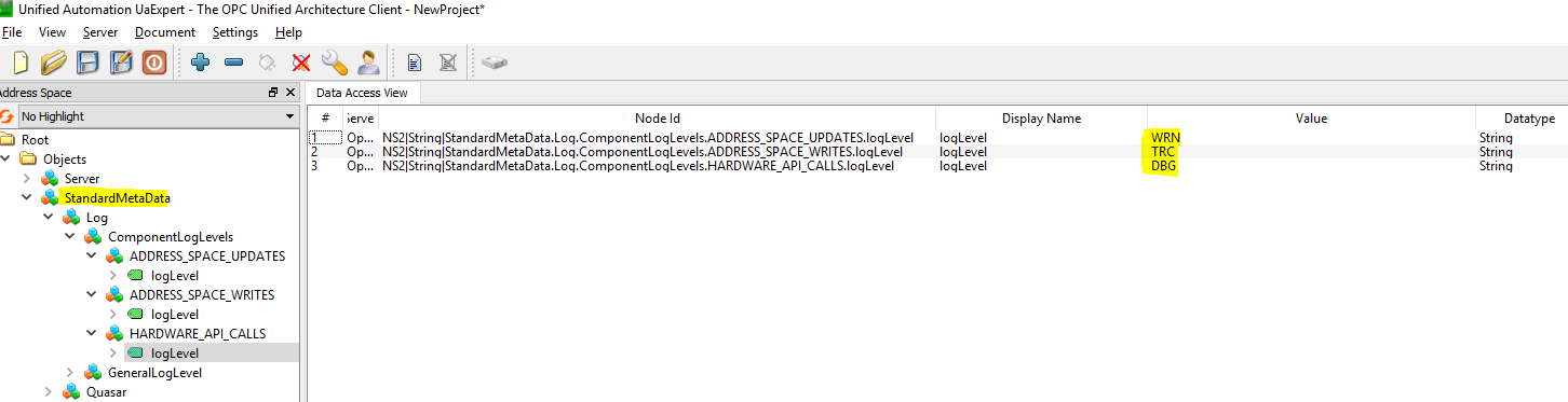 screenshot of OPC-UA client setting log component verbosity